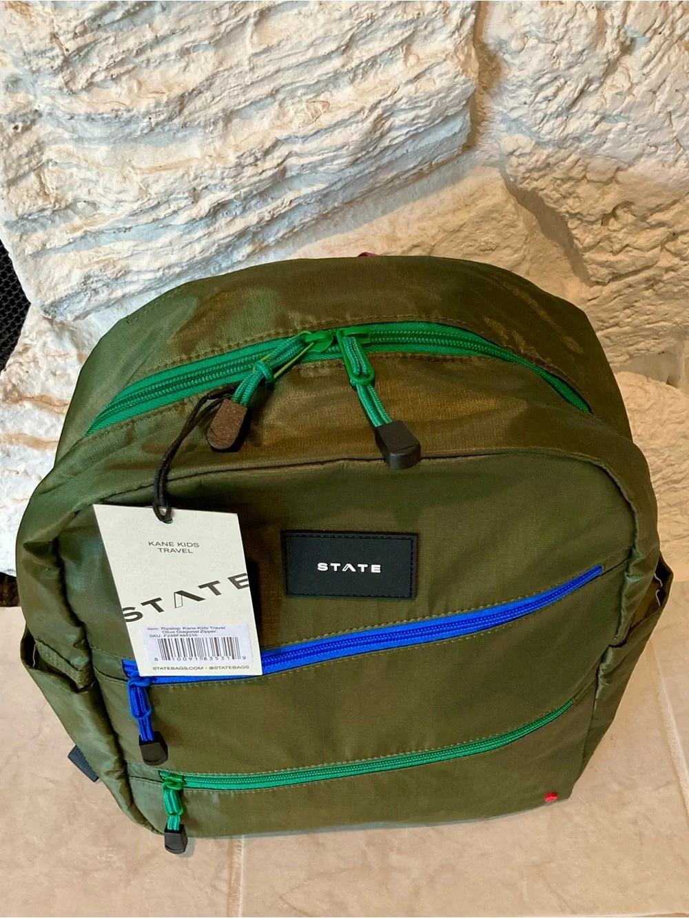 NWT STATE Dark Green Backpack with Blue & Green Zippers and Pink Loop